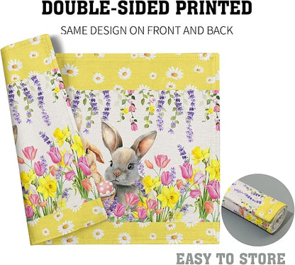 Floral Bunny Placemats - Happy Easter Place Mats Set of 4 Spring Rabbit Daisy Tulip Flowers Tablemats 12x18 for Party Kitchen Farmhouse Yellow
