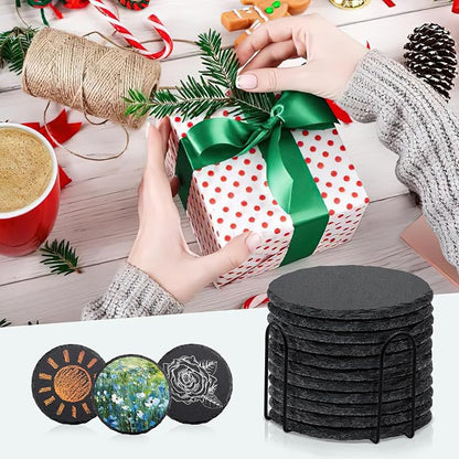 4 PCS Round Slate Drink Coasters Set, SIJDIEE 4 Inch Laser Engraving Black - Image 5