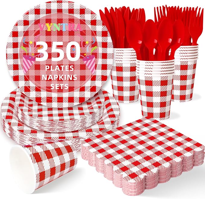 Vyntra 350 Pcs Red & White Checkered Gingham Paper Plates and Napkins Set by PartyTablewareSupplies