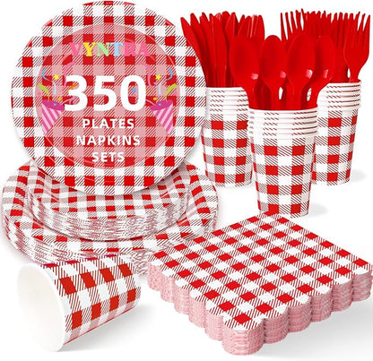 Vyntra 350 Pcs Red & White Checkered Gingham Paper Plates and Napkins Set by PartyTablewareSupplies