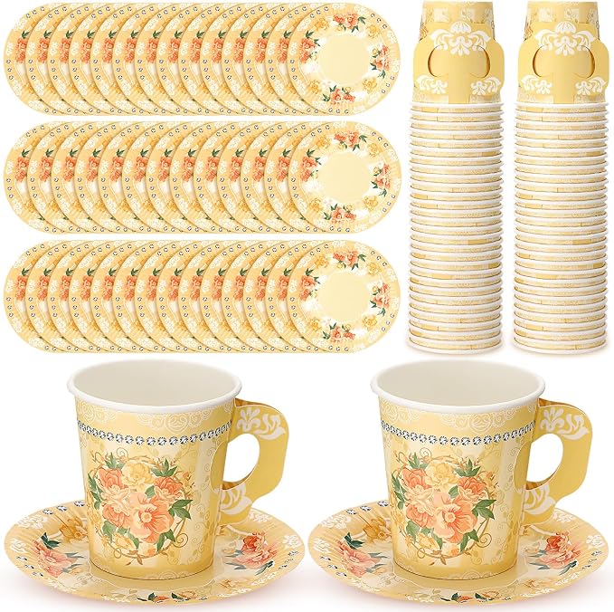 Nuogo 200 Pcs Floral Paper Tea Cups and Saucers 7 oz Disposable Paper Teacups by Nuogo