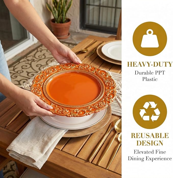 Orange Charger Plates with Gold Embossed Rim, 13 Inch Plastic Charger - Image 3