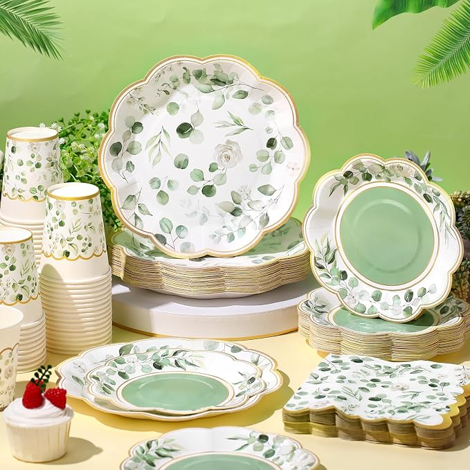 Funnymoom 250 Pcs Sage Green Color Party Decorations Eucalyptus Greenery Plates - Image 6