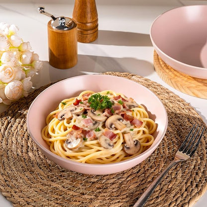 AmorArc 8.75‘’ Large Pasta Bowls, 42 ounce Deep Stoneware Bowls Set of 4 for Kitchen, Wide Bowl for Pasta/Salad/Fruit/Oatmeal/Soup, Microwave&Dishwasher Safe-Matte Pink