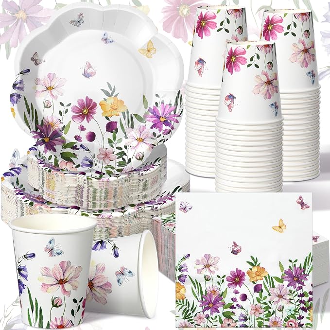 250 Pcs Wildflower Disposable Paper Plate Napkins | Disposable Paper Pink by Newtay