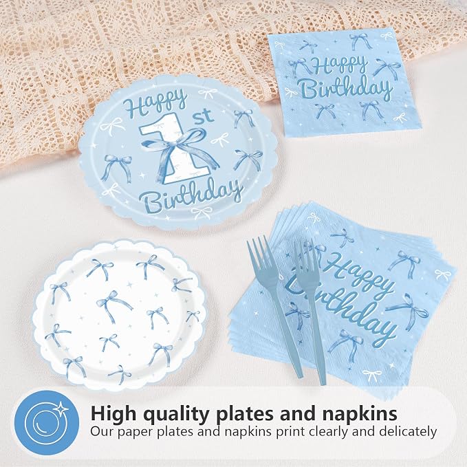 96 Pcs Blue Bow 1st Birthday Party Decoration, Serves 24 | Blue White Bow 1st - Image 3