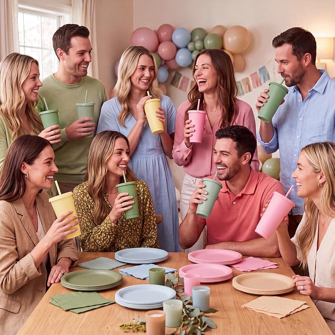 Skylety 24 Pcs Pink and Green Plastic Cups - Image 6