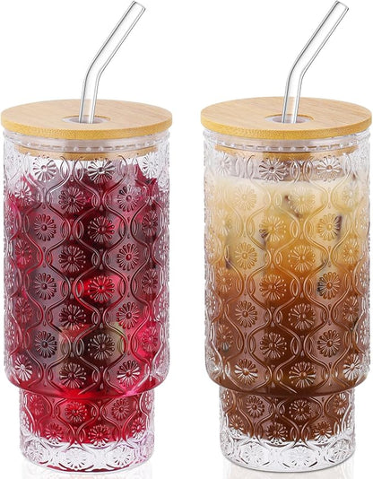 16 Oz Glass Cups Set of 2, Vintage Embossed Floral Glass Tumbler, Iced Coffee by CWHHRN