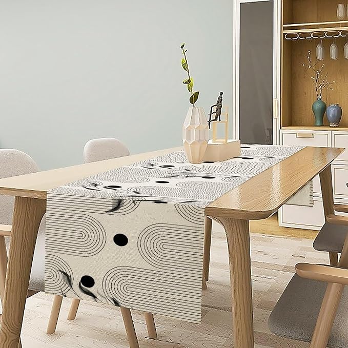 YCness Boho Mid Century Modern Table Runner Black White Dining Table Decor - Image 3