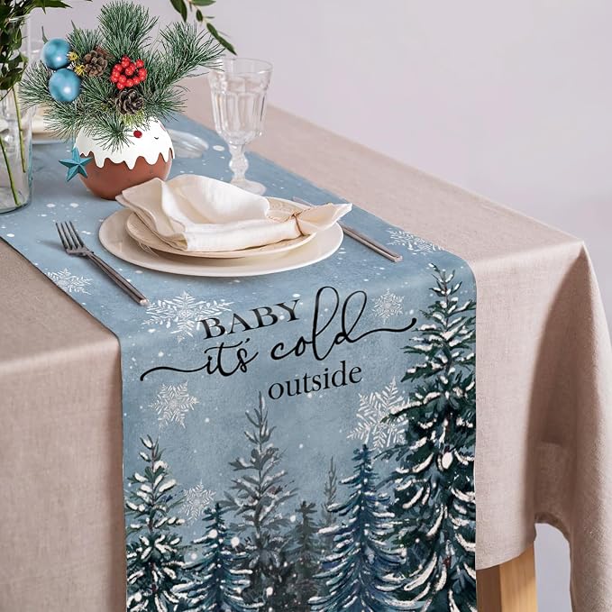 Winter Baby It's Cold Outside Table Runner Pine Tree Snowflakes Burlap Table - Image 3
