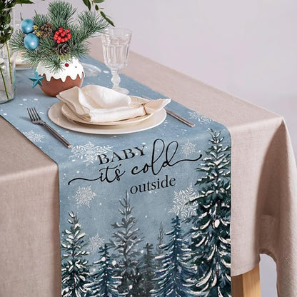 Winter Baby It's Cold Outside Table Runner Pine Tree Snowflakes Burlap Table - Image 3