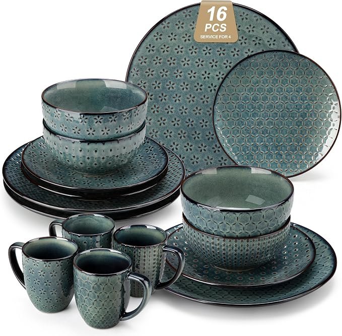 MALACASA 16 Pieces Dinnerware Sets, Farmhouse Plates and Bowls Sets, Embossed by MALACASA