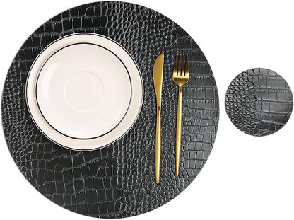 Round Leather Placemats for Round Tables Set of 8, Black Table Place Mats and Coasters, Washable Easy to Care for Indoor Decor 13" Diameter