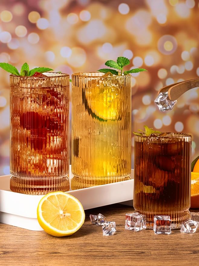 Amber Glassware Ribbed Drinking Glasses Set of 8, Vintage Glassware Set - Image 6