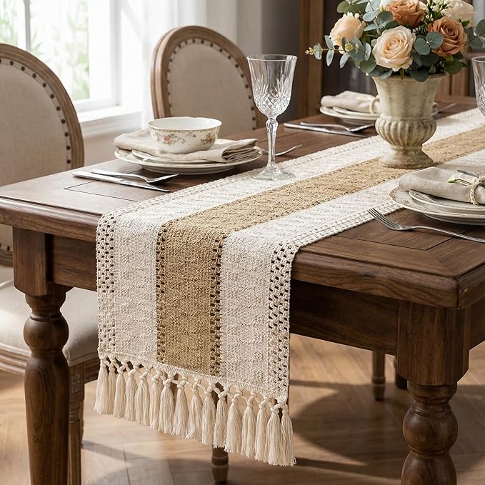 Burlap Boho Table Runner Macrame Brown 90in Farmhouse Woven Runner | Burlap by Xiomot