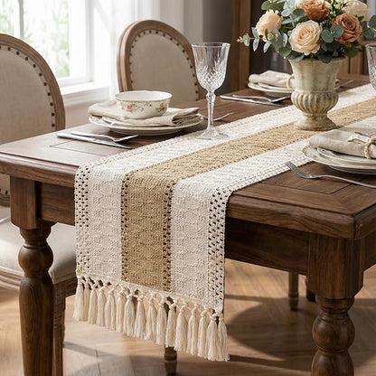 Burlap Boho Table Runner Macrame Brown 90in Farmhouse Woven Runner | Burlap by Xiomot