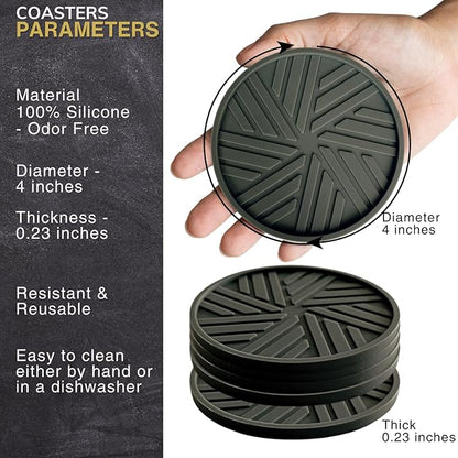 Silicone Coasters with Black Metal Holder, Set of 6, 4-Inch Diameter, Cup Mat for Drink, Stylish Home Decor, Deep Grey