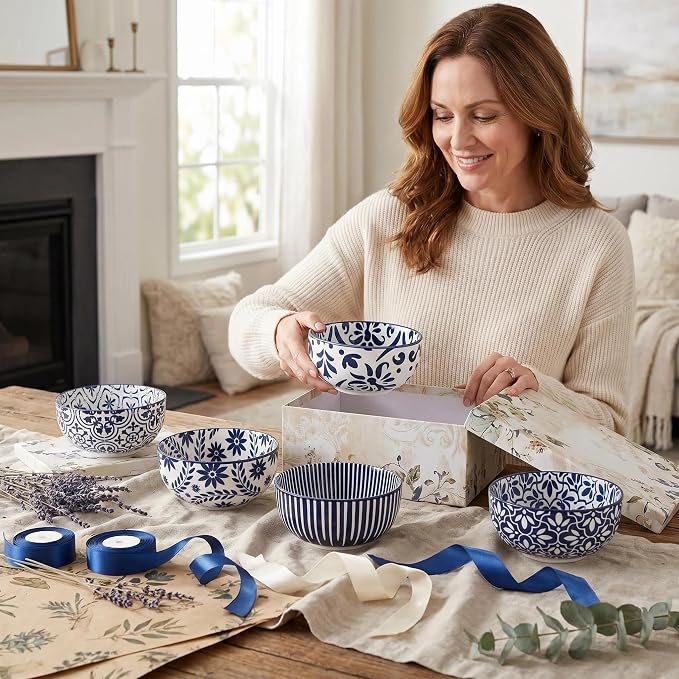 glowworm Cereal Bowls Set of 6, 26 Oz Soup Bowls, Bohemian Blue & White | - Image 7