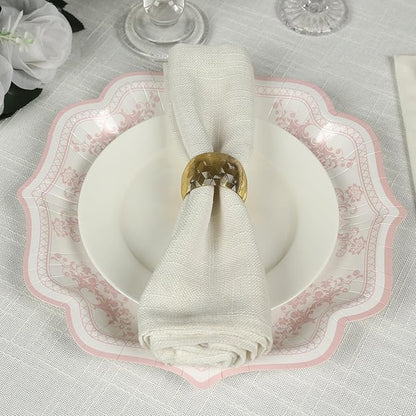 50 Pack 10" White Pink French Toile Dinner Plates, Disposable Round Paper Party Plates 300 GSM for Festive Table Decoration