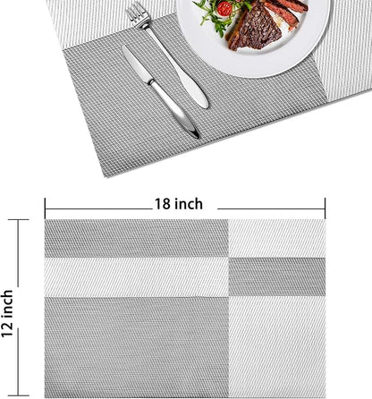 Placemats Set of 4 Vinyl Washable White Gray Placemats, 18"x12" Wipeable Heat-Resistant Non-Slip Easy Clean Table Mats Ideal for Dining Table Table Runner and Outdoor (4, White Square)