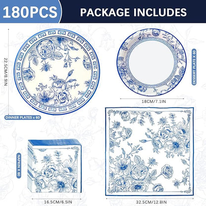 180PCS Blue White Paper Plates and Napkins Party Supplies Serve 60 | Disposable - Image 2