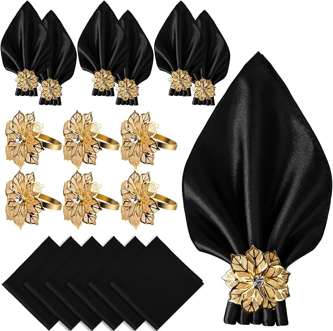 12 Pack Gold Napkin Rings and Cloth Napkins Set of 6, 17x17 Satin Cocktail by CROWNGUIDE