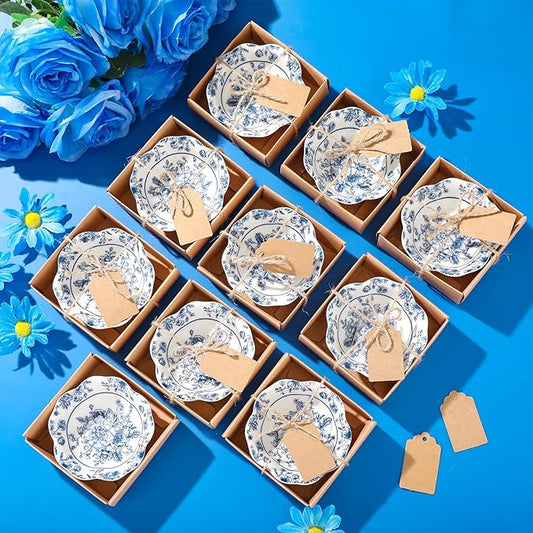 12 Pcs Wedding Favors for Guests Small Ceramic Bowl Bulk Gifts Set 3.3 Inch Floral Design Mini Dipping Sauce Dish with Card Box for Bridal Pooja Baby Shower Birthday Guest Gift (Blue)