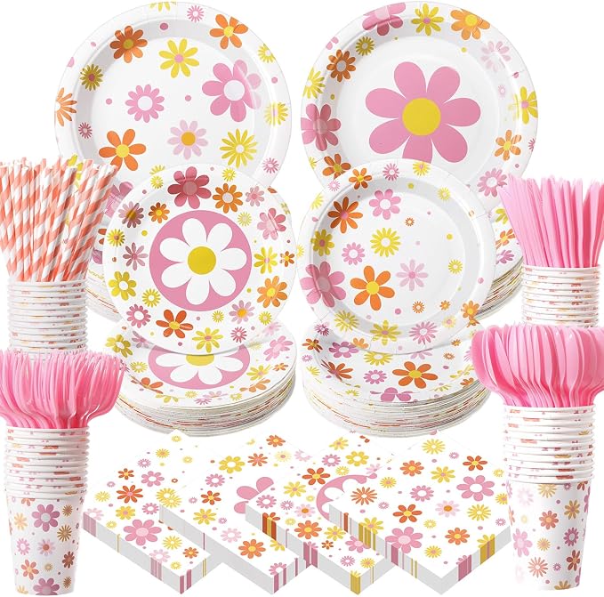 450 Pcs Daisy Groovy Tableware Set Decorations, Serves 50 | Boho Daisy Flower by Unknown