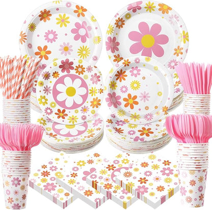 450 Pcs Daisy Groovy Tableware Set Decorations, Serves 50 | Boho Daisy Flower by Unknown