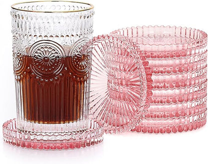 JUXYES 8 Pack Clear Pink Crystal Coasters Round Cup Mat, Glass Coasters for Drinks Coffee Tea Wine, Decorative Wine Bottle Coaster, Crystal Drink Coasters for Restaurant bar Kitchen Dining Table