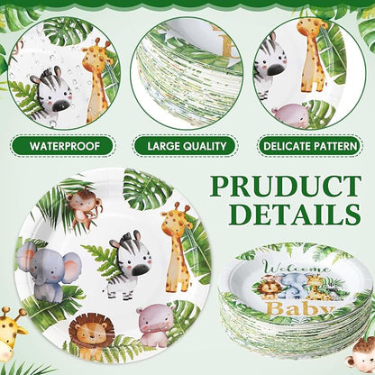 Gerrii 60 Pcs Safari Baby Shower Party Plates 7 Inch Weilcome Baby Disposable - Image 3