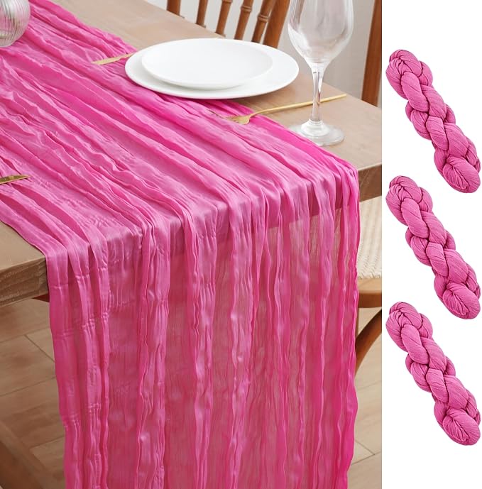 Asee'm 3pcs Hot Pink Cheesecloth Table Runner Summer 10FT Fuchsia Gauze | Boho by Aseem