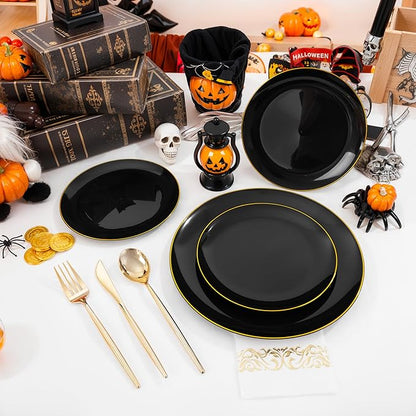 MirthMood 350Pcs Black and Gold Disposable Plates,Black Plates, Black and Gold Plates Include 30 Dinner,Dessert Plate,30 Cup&30 Napkins, 90 Gold Silverware for Wedding & Party & Birthday & New Year