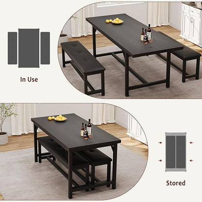IDEALHOUSE 3-Piece Dining Table Set for 4-6 People, 63" Large Extendable Kitchen Table Set w 2 Soft Benches, Easy Assembly, Space Saving for Apartment, Small Space, Black
