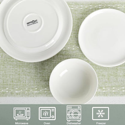 HAPPY KIT 12 Pieces Porcelain Dinnerware Set, Serving Plates and Bowls Set for 4, Chip and Scratch Resistant White Kitchen Dishware Sets, Thick-edge Non-slip Design