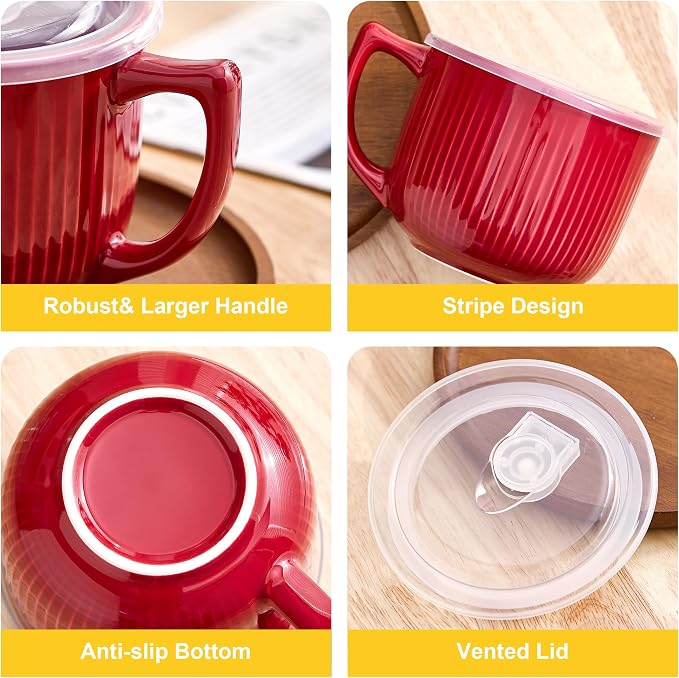 Ceramic Soup Bowl with Handle & Lid, 32oz Microwave Ramen Bowl Burgundy Red | - Image 4