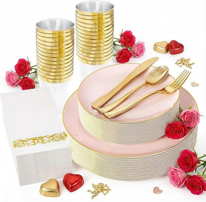 YOUBET 175PCS Pink Plastic Plates - Pink and Gold Disposable Plates Include 50 Plastic Plate, 75 Silverware, 25 Cups, 25 Napkins for Wedding & Party & Birthday Valentines Day