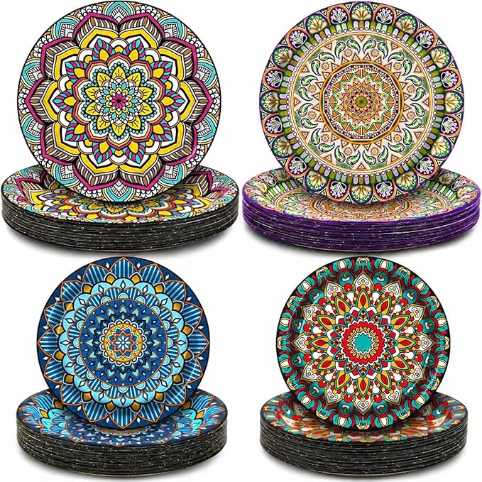 100PCS Boho Paper Plates 7Inch & 9Inch, Vintage Bohemian Disposable Dinnerware by EggSun