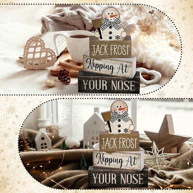 Moucuny 4 Pcs Christmas Table Decor Wooden Snowman Black and White Winter - Image 6