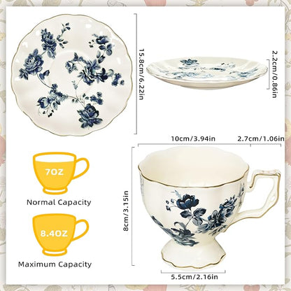 Tea Cups and Saucers Set, Porcelain Coffee Mugs, 8.4 OZ Vintage Coffee Cups - Image 2