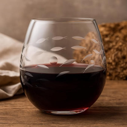 SHOSHIN Handmade Crystal Hand-cut Stemless wine glass (Fish set of 4)