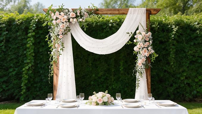 Pearl Table Runner Gauze Sheer 19FT Wedding Draping Fabric Decor | Ivory White - Image 3