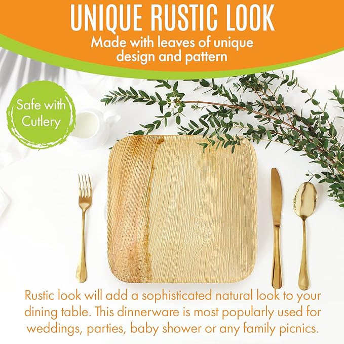 Raj Palm Leaf Plates Bulk [50-Pack] 6" Square Plates(4 CASES - 200 PACK) like Bamboo plates Disposable, Strong, Decorative Compostable Tableware for weddings, Lunch, Dinner, Birthday,Outdoor