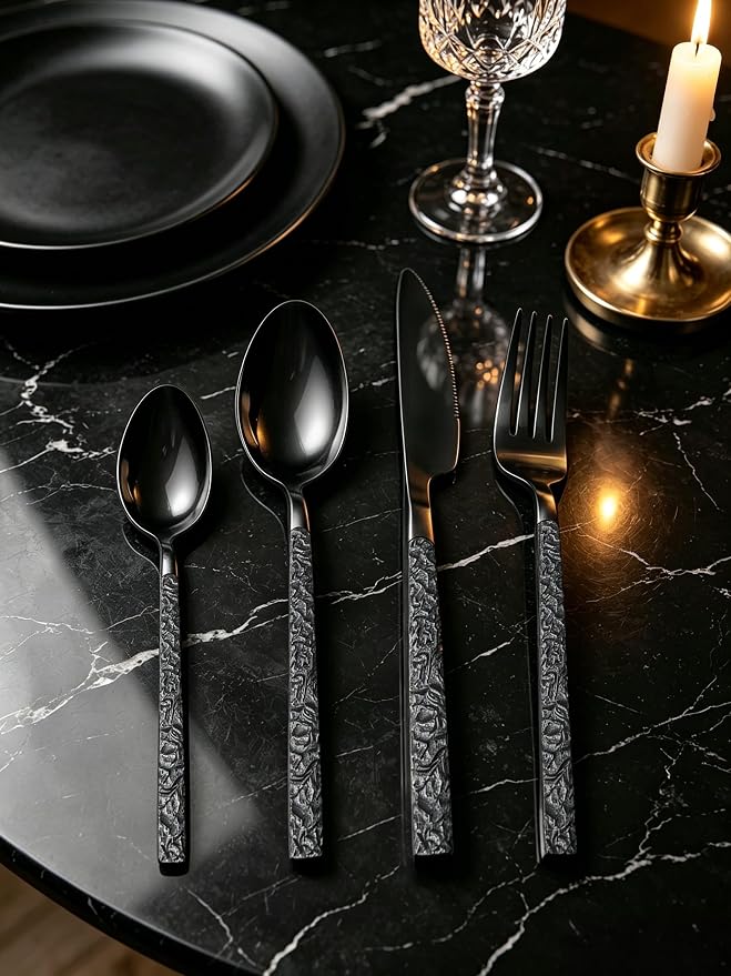 Black Silverware Set for 8 Modern Square Flatware Set Stainless Steel 32 Piece - Image 2