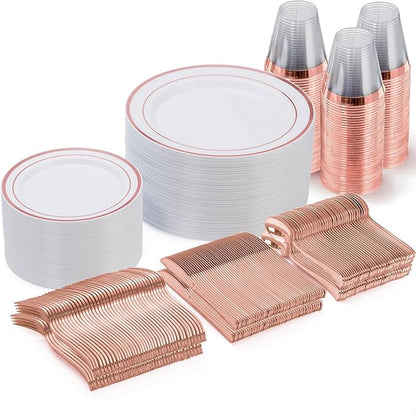 Goodluck 300 Pieces Rose Gold Disposable Plates for 50 Guests, Plastic Plates for Party, Wedding, Dinnerware Set of 50 Dinner Plate, 50 Salad Plates, 50 Spoons, 50 Forks, 50 Knives, 50 Cups