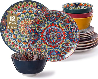 12 Pieces Ceramic Dinnerware Sets Porcelain Plates and Bowls Set Service by Domensi