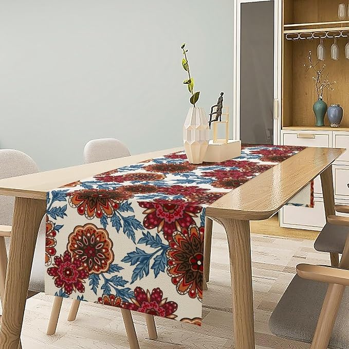 Mandala Flower Table Runner, Vintage Oriental Exotic Native Red Floral Blue - Image 2