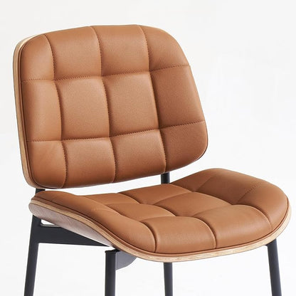 Mid Century Modern Dining Chairs with Walnut Grain Back, Brown Faux Leather Dining Room Chairs Set of 4, Checkered Soft Cushion Kitchen Chairs with Adjustable Foot Pads
