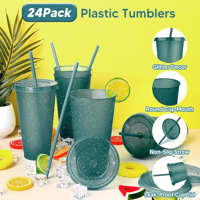 24 Pack Plastic Tumblers With Lids and Straws, Reusable Colorful Cups - Image 3