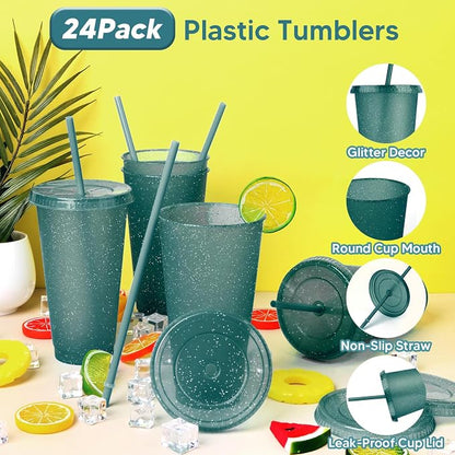 24 Pack Plastic Tumblers With Lids and Straws, Reusable Colorful Cups - Image 3
